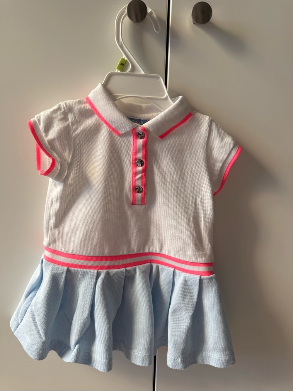 Jacadi White Polo Dress with Neon Pink Trim and Light Blue Skirt
